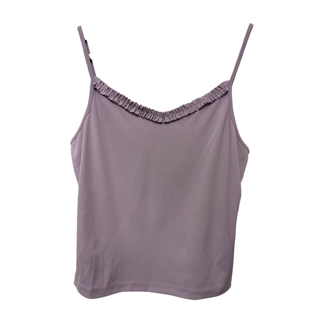 Vintage Ann Taylor Y2K Cami Top Purple XS Petites Ruffle Neck Stretch Sleek Chic